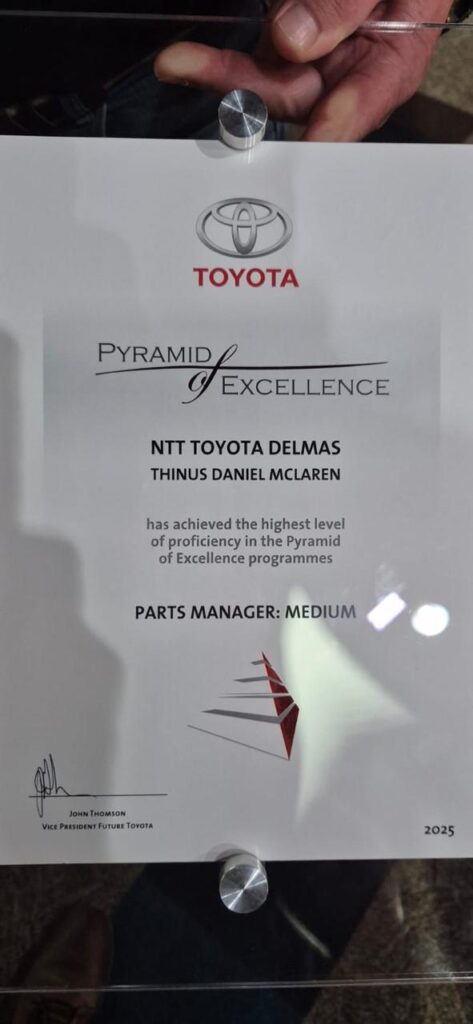 Pyramid of Excellence — Parts Manager (Medium) — NTT Toyota Delmas · Thinus McLaren